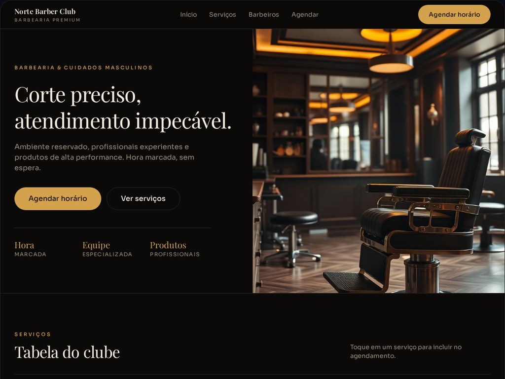 Prévia do modelo de site Barbearia Premium em tons escuros