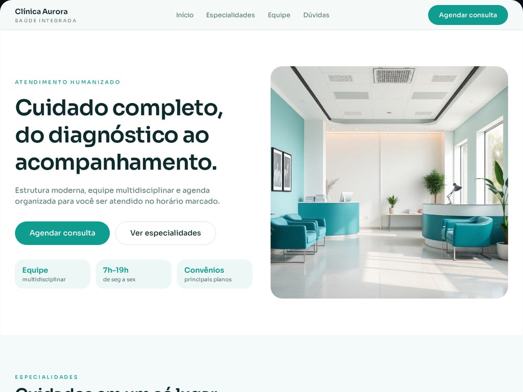 Prévia do modelo de site Clínica Premium com layout claro e sóbrio