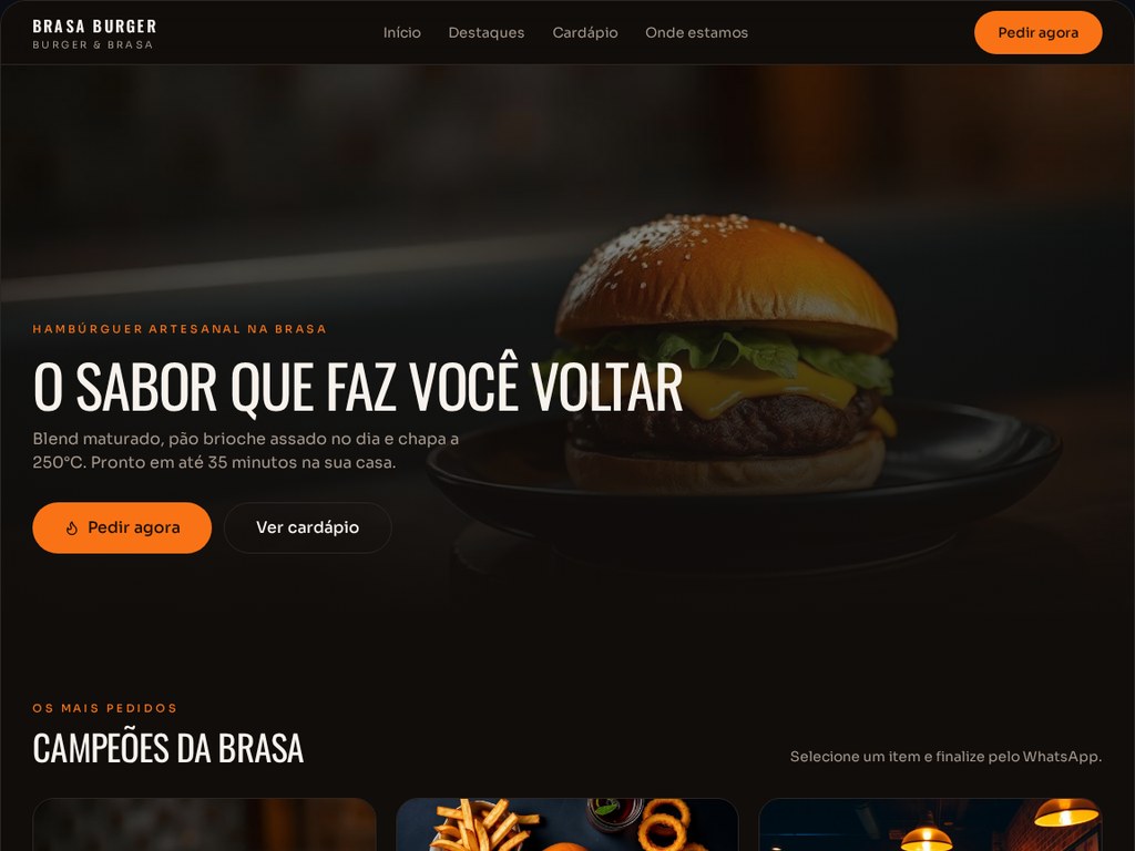 Prévia do modelo de site Hamburgueria Premium com cardápio visual escuro