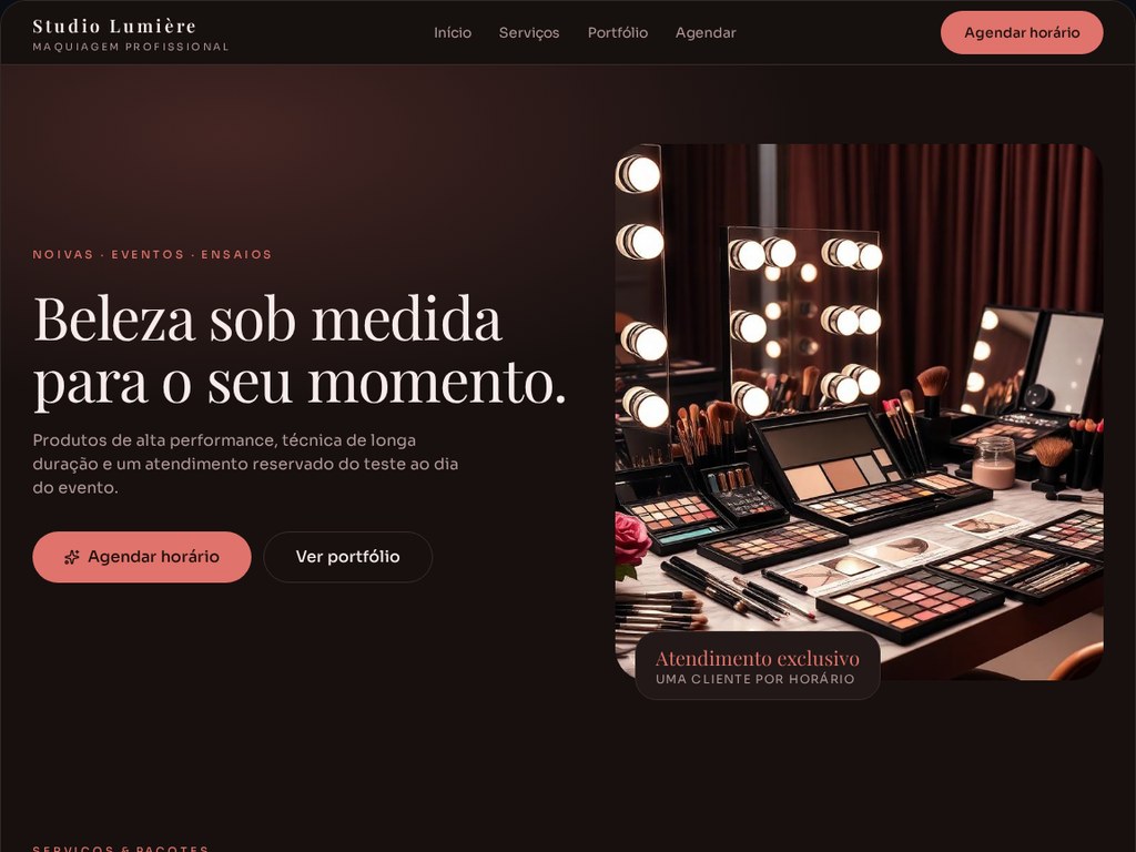 Prévia do modelo de site Studio de Maquiagem com layout escuro e acentos rosé